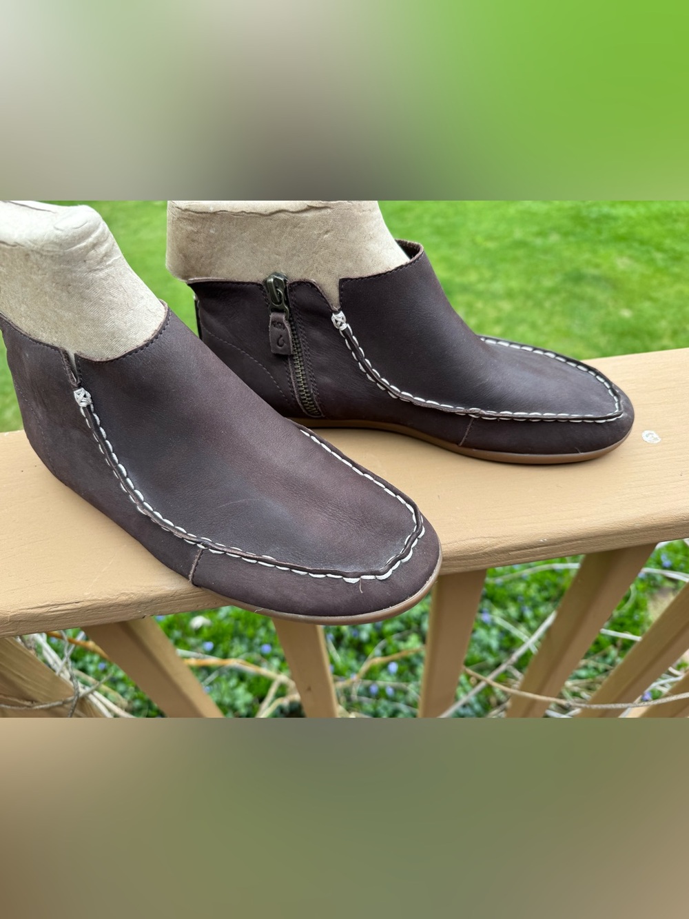 OluKai Dark Brown Slip-On Leather Loafers with White Stitching
